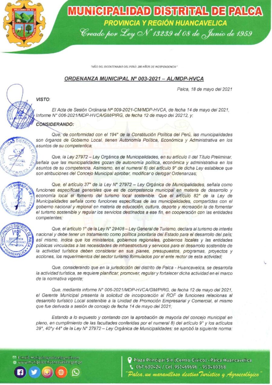 ORDENANZA MUNICIPAL Nº 003-2021-AL-MDP-HVCA